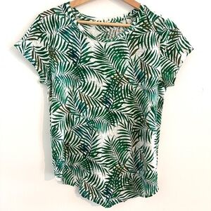 LOFT Linen Palm Print Short Sleeve Blouse Sz M Tropical Palm Print Tee Green
